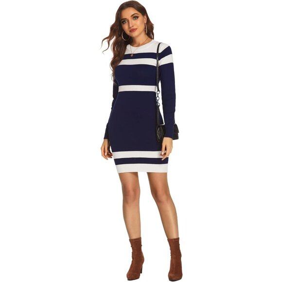 Women Colorblock Striped Long Sleeve Cotton Navy Sweater Bodycon Dress - Picture 3 of 4